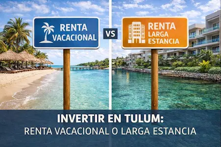 Comparativa visual entre inversión en renta vacacional y renta de larga estancia en Tulum, con entorno residencial moderno y paisaje costero.