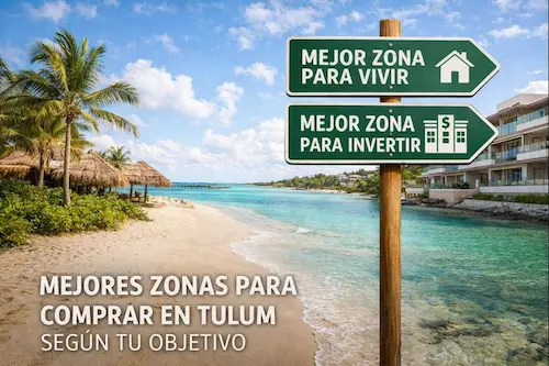Imagen conceptual de las mejores zonas para comprar en Tulum según el objetivo, con entorno de playa, palmeras y complejos residenciales.