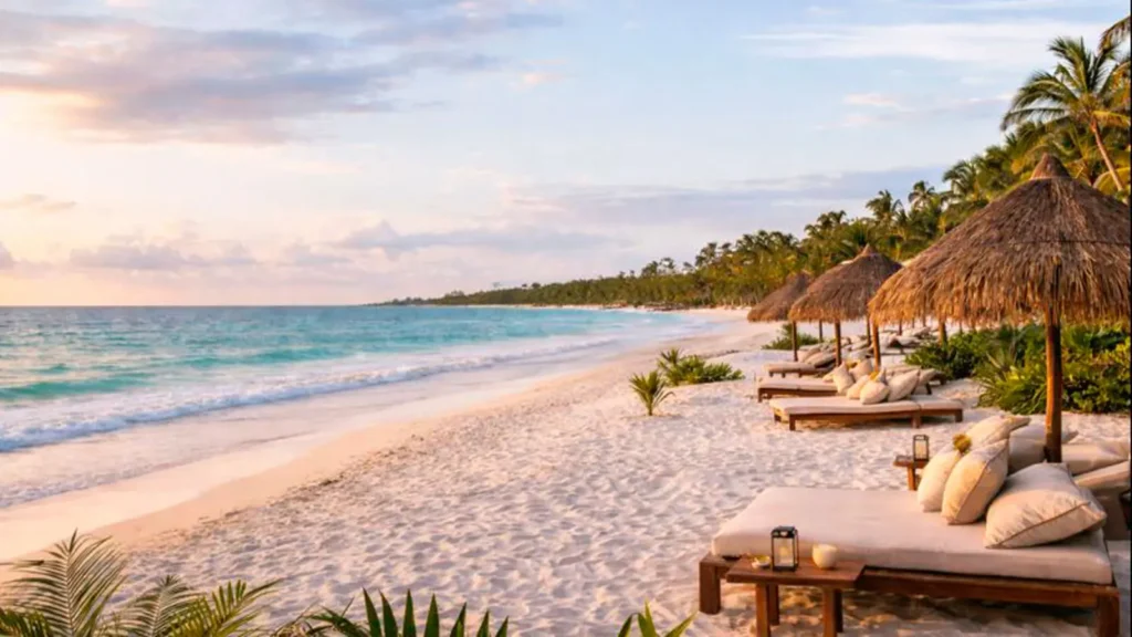 Escena costera tranquila con playa y palmeras, asociada a estilo de vida