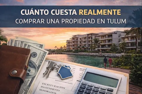 Escena que representa el análisis de costos al comprar una propiedad en Tulum, con elementos financieros y un desarrollo residencial al fondo.