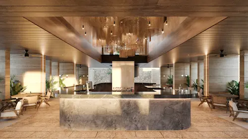 Lobby de condominio moderno en Riviera Maya, ejemplo de propiedad para compra con fideicomiso en México (Tulum y Playa del Carmen)