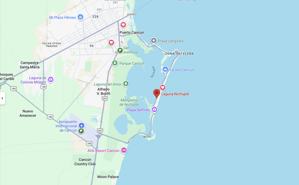 Mapa de Cancún, Laguna Nichupté y Zona Hotelera mostrando la ubicación del Puente Nichupté